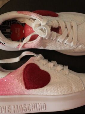 Love Moschino White Sequin Sneakers with Red Heart Accent